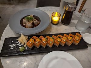 Pork Shumai and Oshizushi Spicy Salmon at Beyond Sushi in New York City