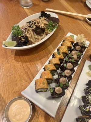 Udon noodles, spicy mang and mighty mushroom (left to right)  at Beyond Sushi in New York City