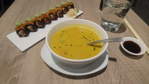 Curry soup & sushi rolls at Beyond Sushi in New York City