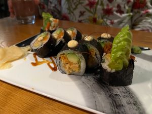 spicy jackfruit crab roll at Beyond Sushi in New York City