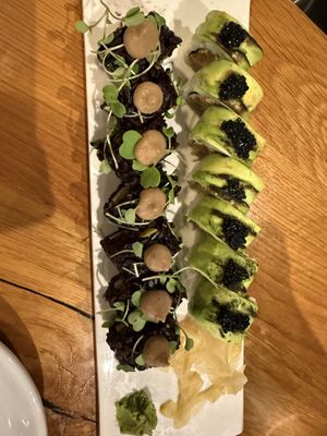 Mighty Mushroom and Charred Avocado sushi rolls  at Beyond Sushi in New York City
