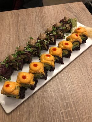 Mighty mushroom roll, spicy mango roll at Beyond Sushi in New York City