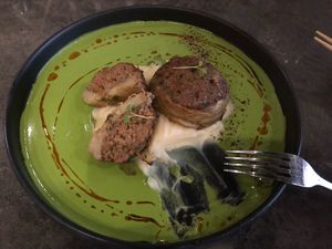 Stuffed artichoke, fantastic plating, I couldn’t resist trying first! at Beyond Sushi in New York City