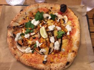 pizza with vegan cheese and soy yoghurt at The Dough Bros in Galway