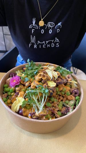 Cold bowl with vegan „chicken“ stripes at Bistro Maha in Ljubljana