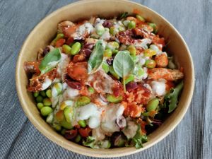 Dry tomatoes and soy-chicken bowl at Bistro Maha in Ljubljana