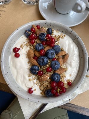 Soy yoghurt bowl with granola and fruits  at Bistro Maha in Ljubljana