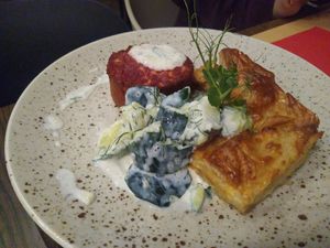 Juicy Marbles steak with a quirky pasty with tofu and apple filling at Bistro Maha in Ljubljana