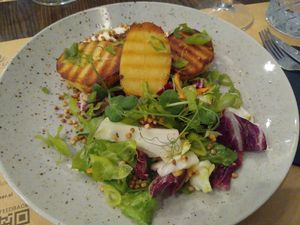 Potatos with sour cream and popped buckwheat in salad at Bistro Maha in Ljubljana
