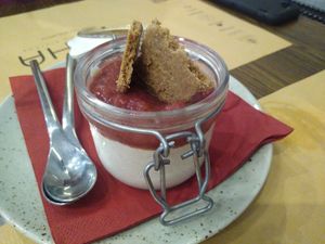 Cream with rhubarb and tonka crumble at Bistro Maha in Ljubljana