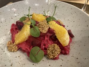 Tagliatelle with beetroot cream, oranges and mustard seeds at Bistro Maha in Ljubljana