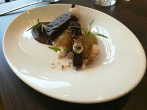 Melon sorbet with mint ans chocolate brownie. Everything vegan   at Bistro Maha in Ljubljana