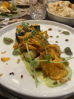 Corgette, pistachio and sweet potato hot appetizer  at Bistro Maha in Ljubljana