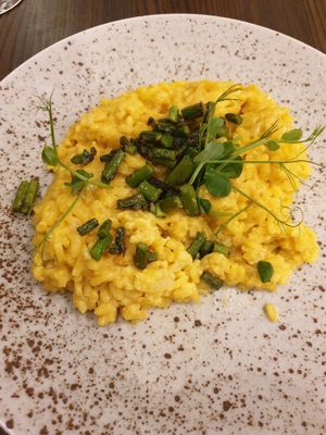 Saffron risotto with asparagus at Bistro Maha in Ljubljana