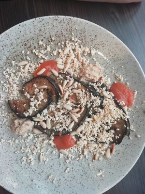 Aubergine with vegan cottage cheese, jam and horseradish at Bistro Maha in Ljubljana
