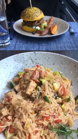 chickpea burger and fried rice at Bistro Maha in Ljubljana