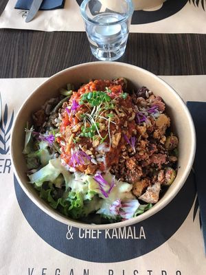 Cold bowl with Salad, Tofu and vegan ham, Soja Bolognese and vegetables at Bistro Maha in Ljubljana