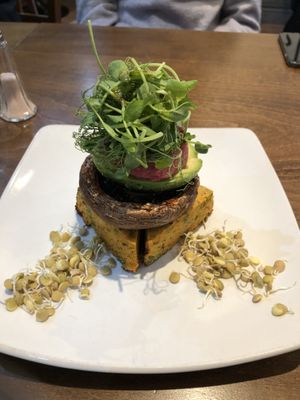 ‘The Stack’ - chickpea frittata with mushroom, beetroot hummus, slaw and spouted lentils at Vinnie's Eatery in Cheltenham