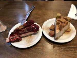 Homemade raspberry cheesecake and rhubarb ginger cheesecake at Vinnie's Eatery in Cheltenham