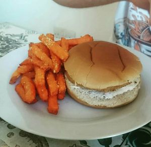 Chickun burger with sweet potato fries, ordered plain at The Peppercorn in Huddersfield