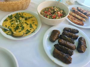 Fava bean dip, tabouleh, pitta, stuffed vine leaves   at Talos Restaurant in Crete