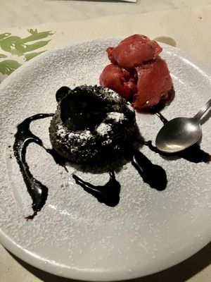 Souffle with raspberry ice cream  at Talos Restaurant in Crete