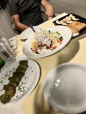 Cretan salad, feta saganaki and dolmadakia  at Talos Restaurant in Crete