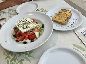 Greek salad and garlic bread  at Talos Restaurant in Crete