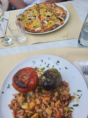 Vegan Pizza and Gemista at Talos Restaurant in Crete