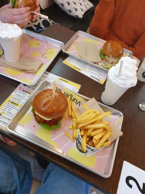Buffalo chicken burger, crispy chicken burger, various milkshakes, fries at The Vurger Co - Richmix Square in East London