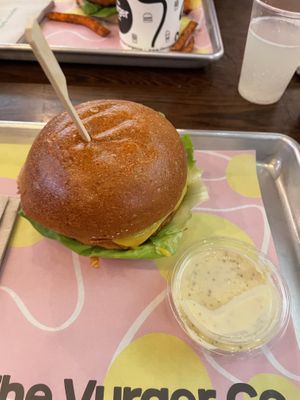 Burger with aubergines and chickpea patty  at The Vurger Co - Richmix Square in East London