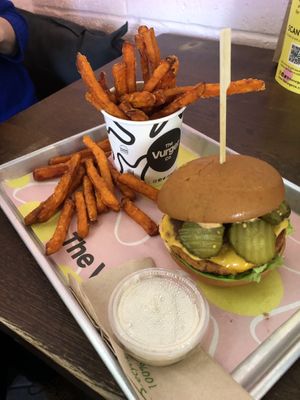 Gf burger and sweet potato fries   at The Vurger Co - Richmix Square in East London