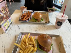 honey chicken vurgers - skin on fries and sweet potatoe fries  at The Vurger Co - Richmix Square in East London