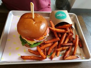 Classic burger with sweet potato fries at The Vurger Co - Richmix Square in East London