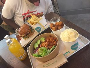 Kentucky bites, mac n cheez, tater tots, classic salad bowl with added avo and jackfruit, big mex burger  at The Vurger Co - Richmix Square in East London