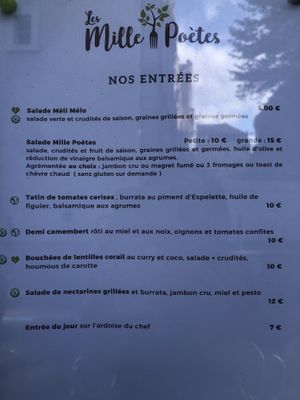 Menu as of July 2023  at Les Mille Poetes in Narbonne