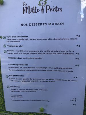 Menu as of July 2023  at Les Mille Poetes in Narbonne