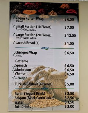 The menu. They have mostly vegan options! at Nefista Vegan Kofteh in Cliffside Park