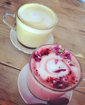 Turmeric and beetroot lattes at Pom Kitchen - Sharrow in Sheffield