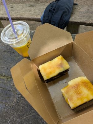 Creme brulé fudge brownie and peach iced tea at Pom Kitchen - Sharrow in Sheffield