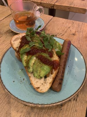 avocado on toast with tofu sausage at Pom Kitchen - Sharrow in Sheffield
