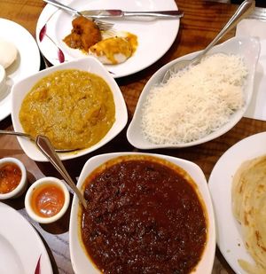 Veggie curry and aubergine dish at Maveli Restaurant and Bar in Sheffield