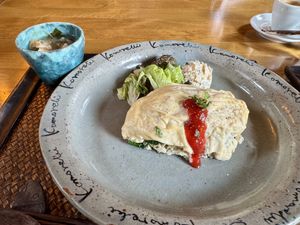 Omuraisu with yuba  at Komorebi Cafe in Yawata