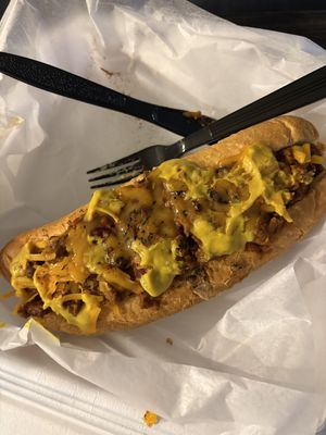 Vegan Furter with vegan chili, vegan cheddar and yellow mustard   at Flippers Tavern in Lubbock