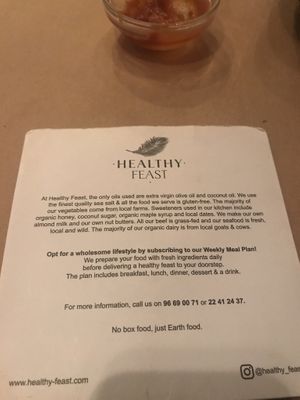 Their chart: environmental soustainibility and quality of the ingredients at Healthy Feast in Kuwait City