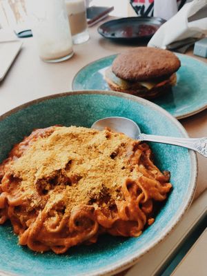 pink pasta and vegan burger  at Healthy Feast in Kuwait City