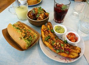 Hot Dog + Fried Banana Plantain + Cauliflower Wings at Jah Jah in Paris