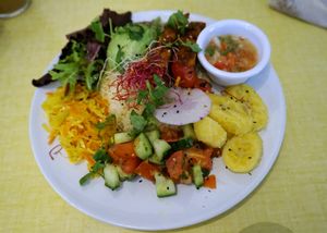 Plate of the Day (tempeh skewers) at Jah Jah in Paris