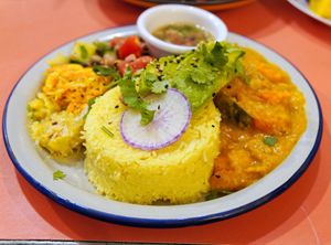 Hot bowl: vegetable moqueca + black-eyed beans curry + plantains at Jah Jah in Paris