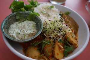 Hot bowl w/potato curry and rice at Jah Jah in Paris